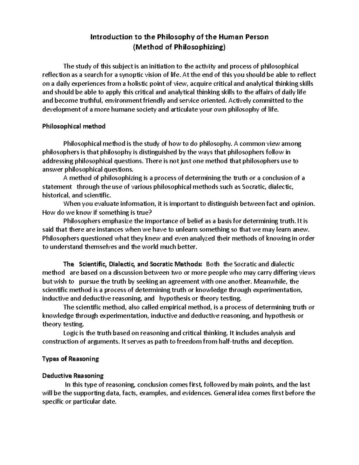 Method of philosophizing (study guide) - Introduction to the Philosophy ...