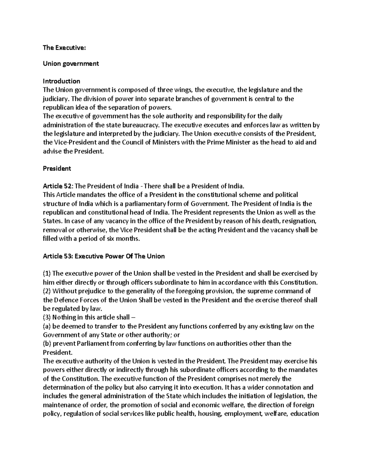 Constitution ( Midsem) - The Executive: Union government Introduction ...