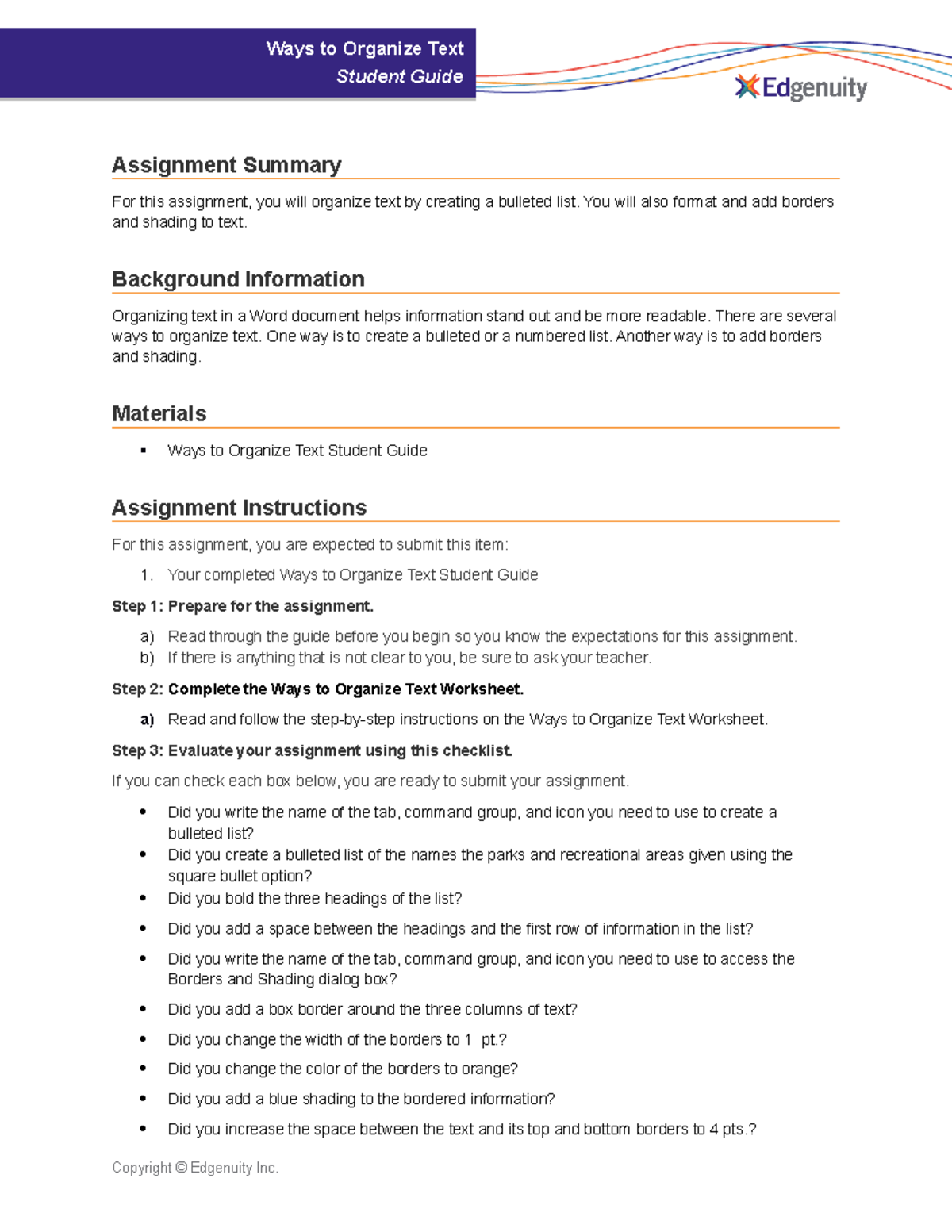 Hands-on Assignment-Ways to Organize Text-Student Guide - Assignment ...
