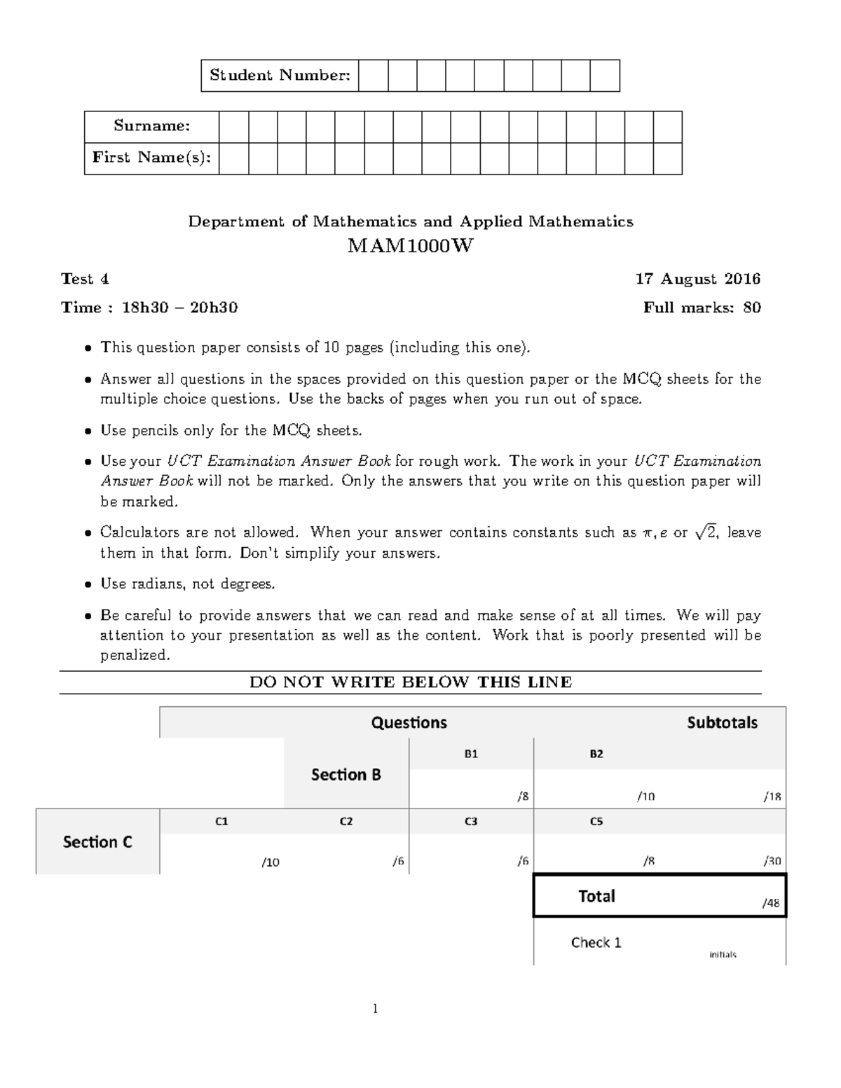 Test 4 2016 - test prep - Surname: First Name(s): Department of ...