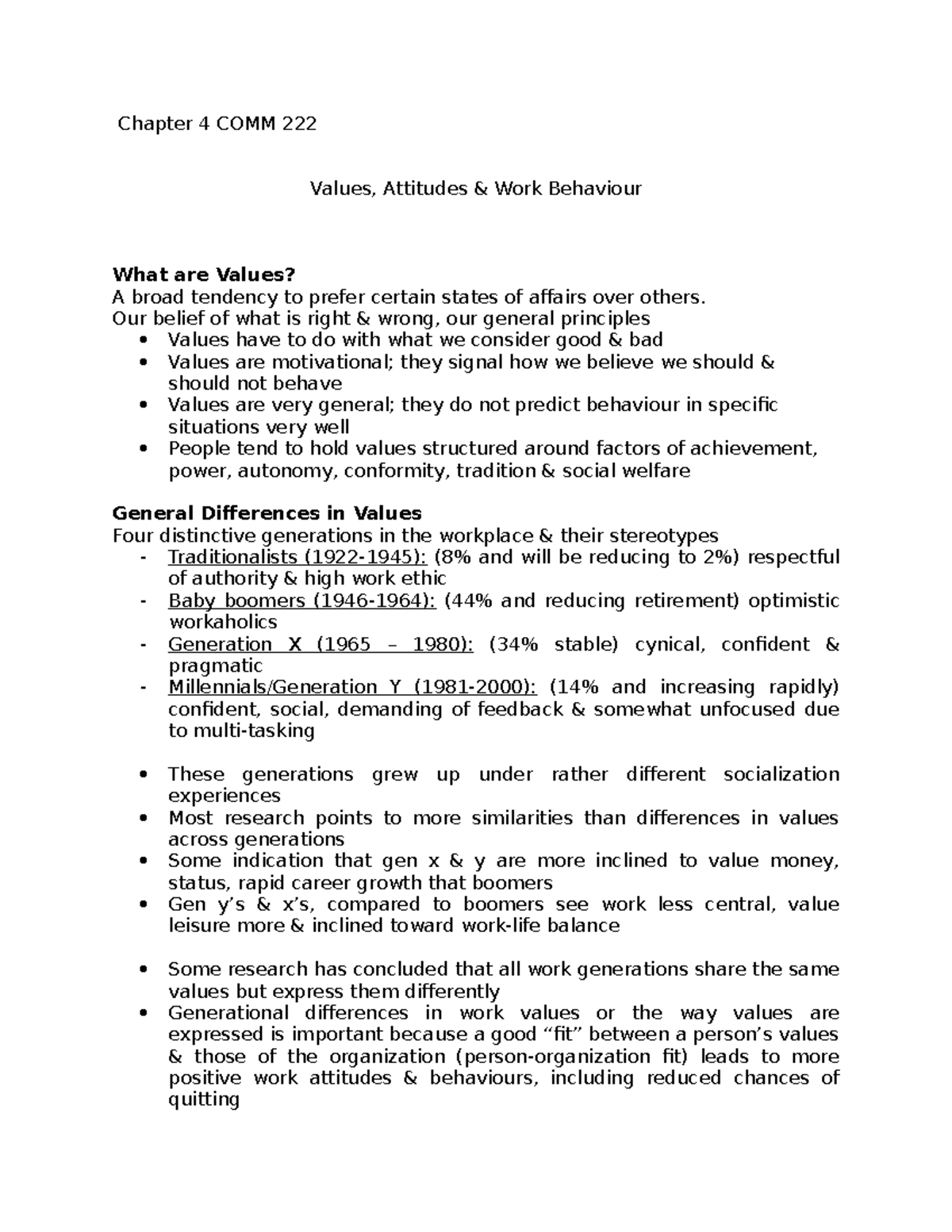 Chapter 4. COMM 222 - Chapter 4 COMM 222 Values, Attitudes & Work ...
