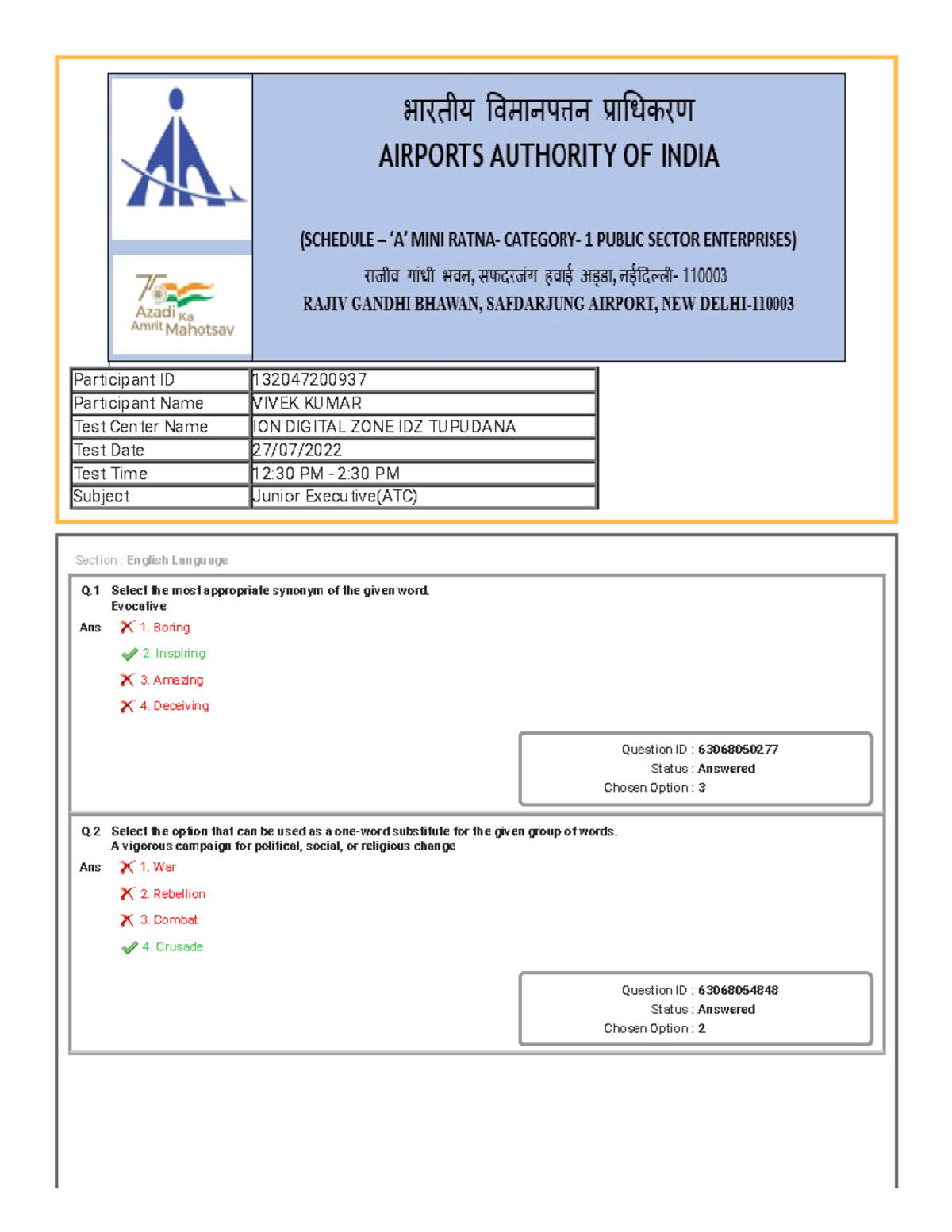 AAI Response AAI previous year question paper Q Select the most appropriate synonym of the