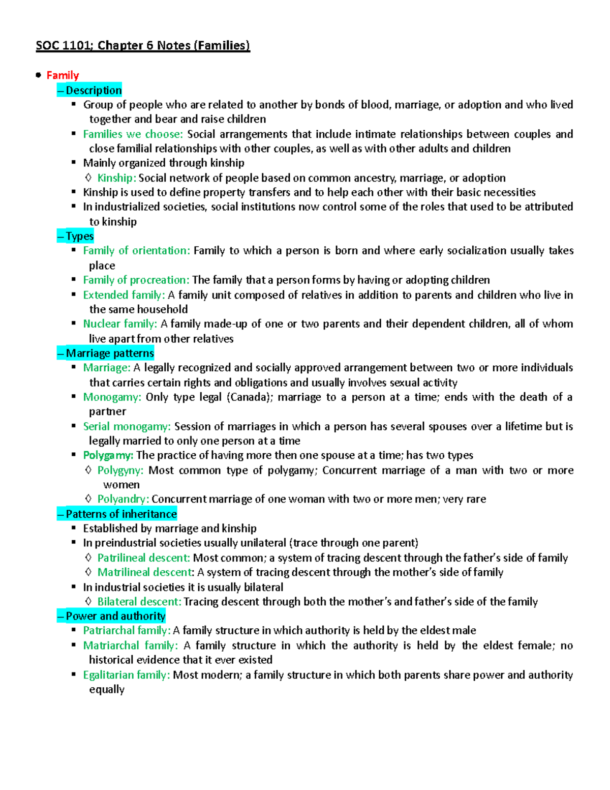 SOC 1101; Chapter 6 Notes (Families) SOC 1101; Chapter 6 Notes