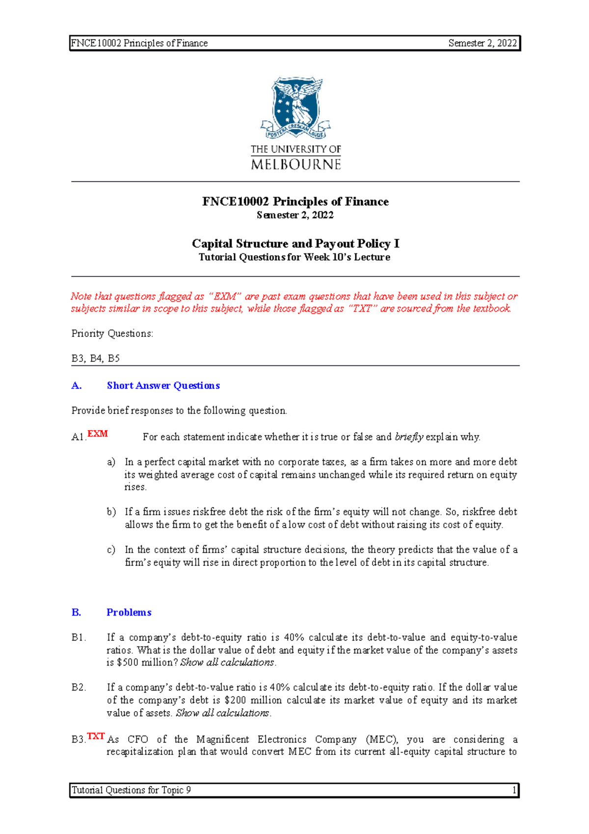 Topic 9 tutorial - Cap Str 1 with solutions - FNCE10002 Principles of ...