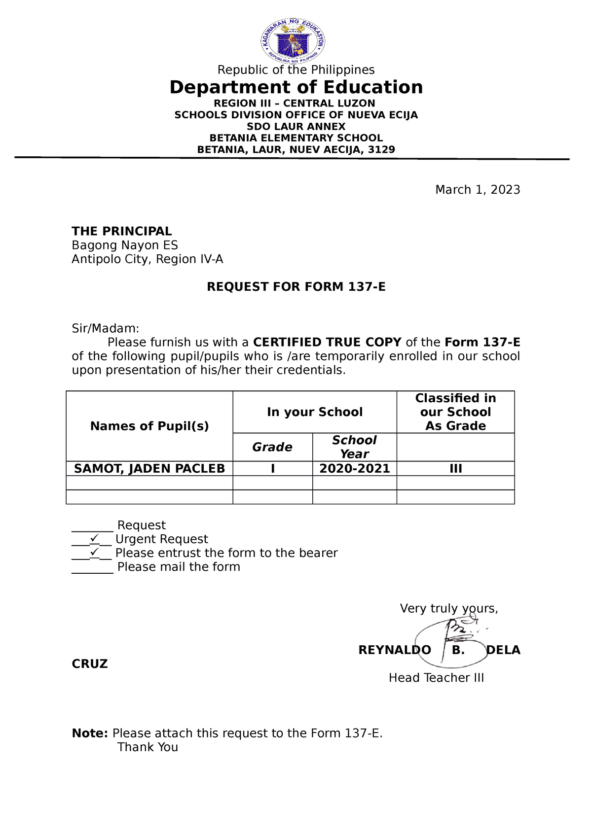 Form137 e - request letter form 137 e - Republic of the Philippines