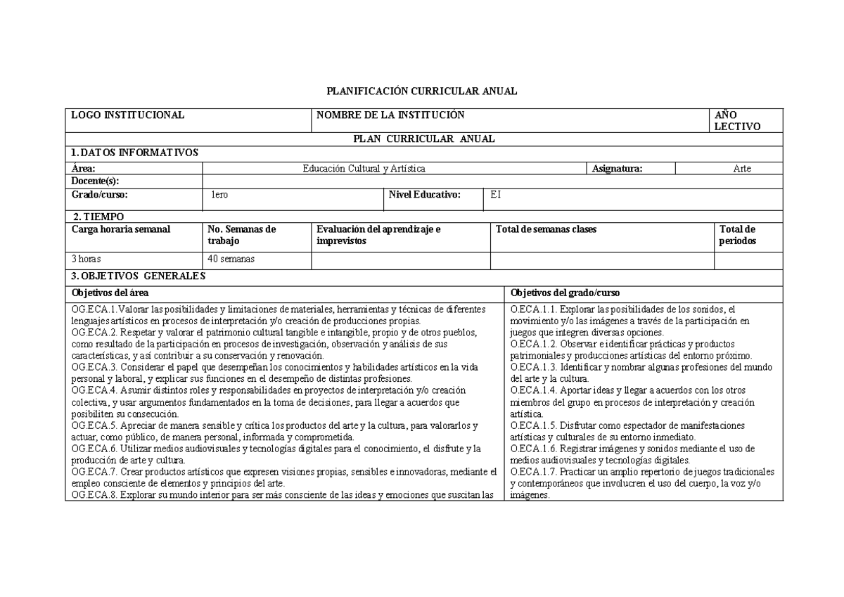 PCA - PLAN - PLANIFICACIÓN CURRICULAR ANUAL LOGO INSTITUCIONAL NOMBRE ...