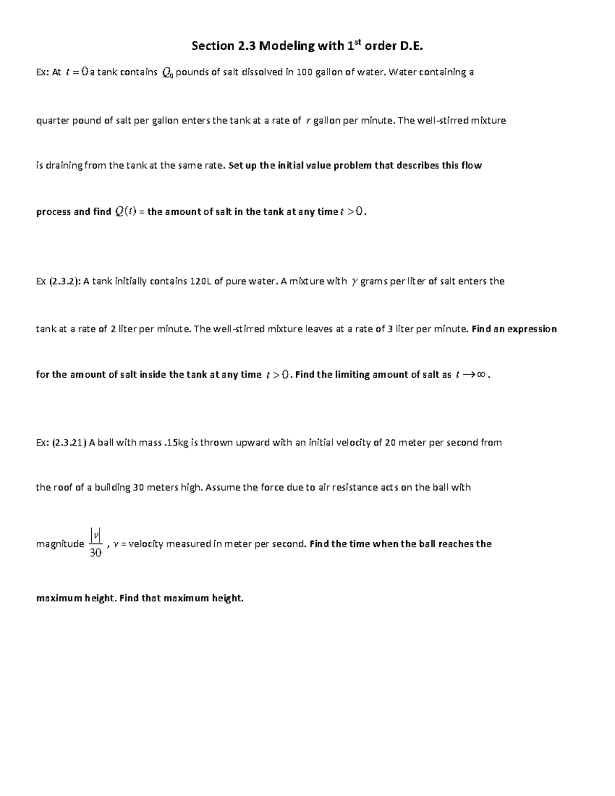 370A Section 2.3 Mixing Problems - Section 2 Modeling with 1st order D ...