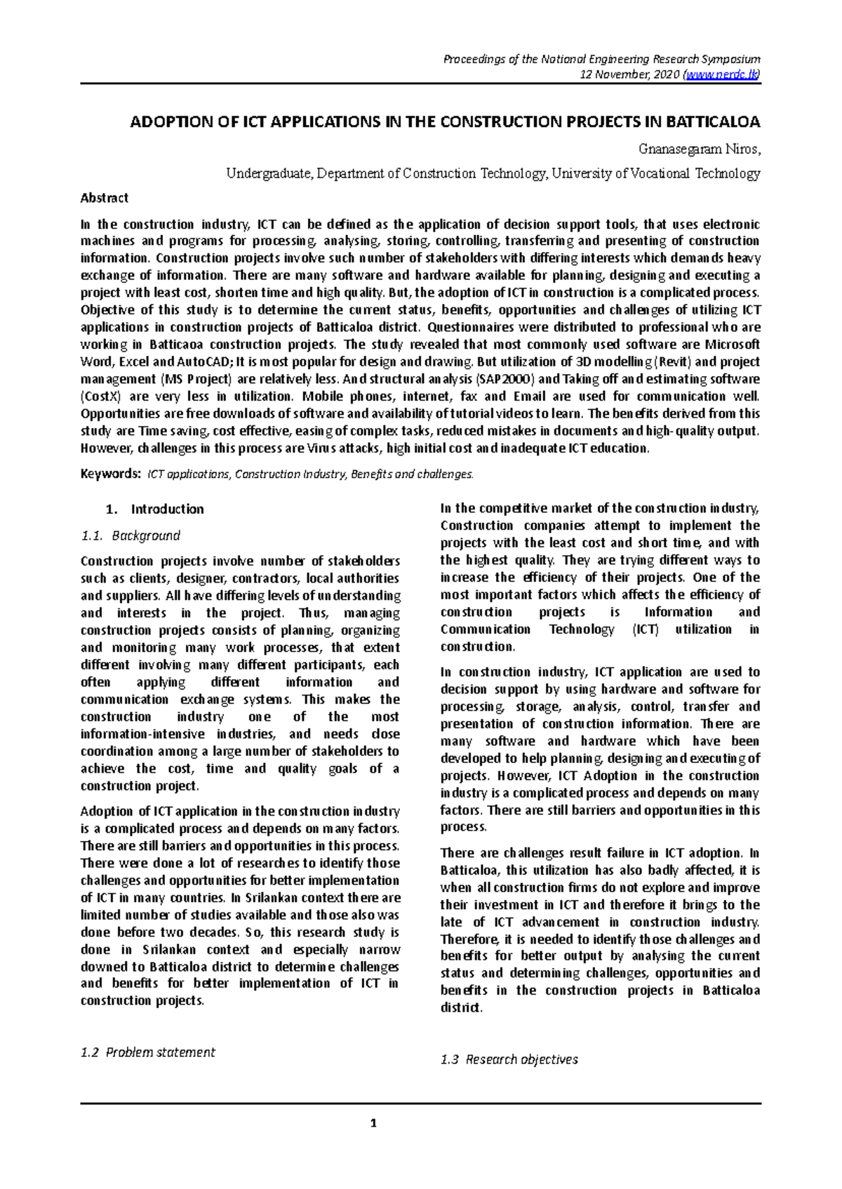 Adoption OF ICT Applications IN THE Construction Projects IN Batticaloa ...