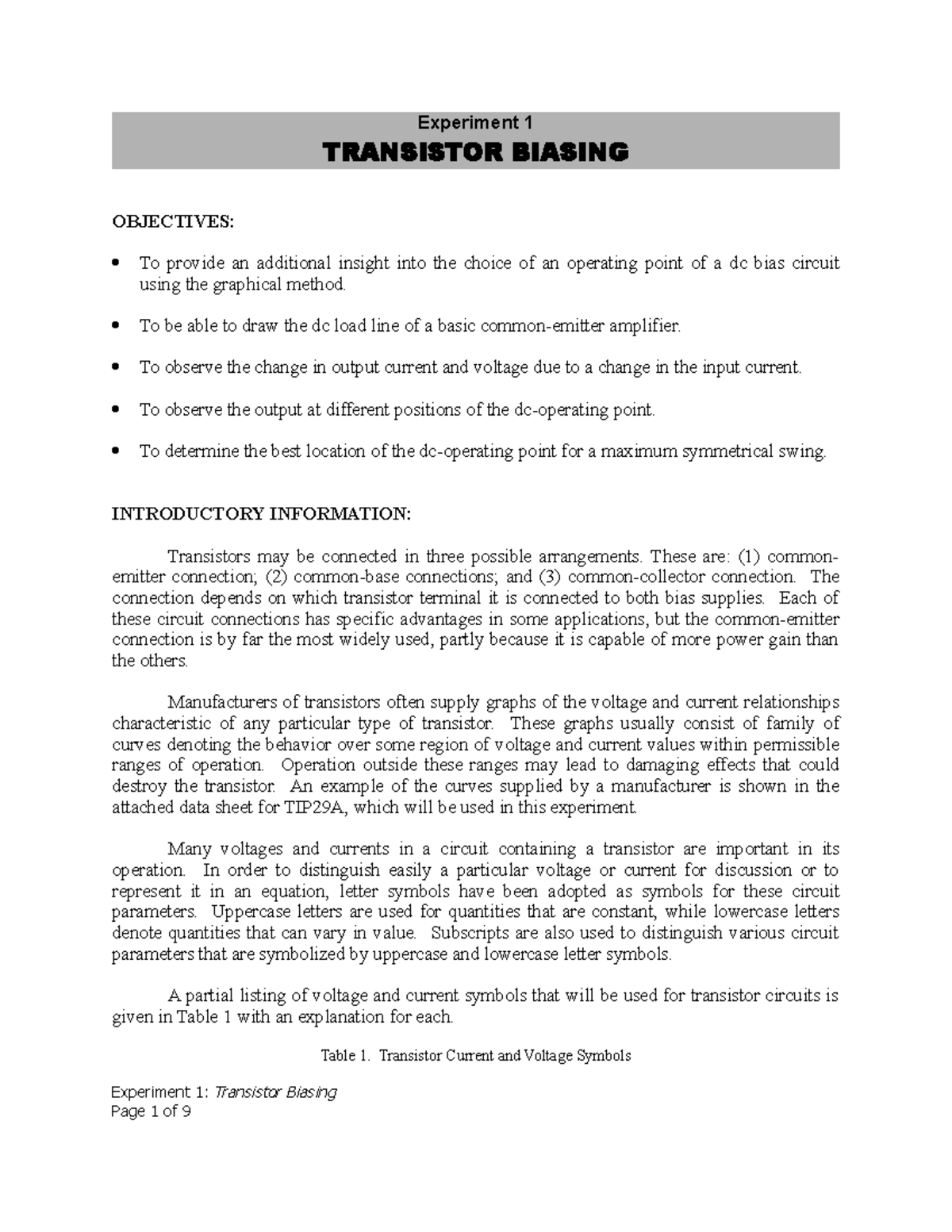Exp01 Transistor Biasing Experiment 1 TRANSISTOR BIASING OBJECTIVES