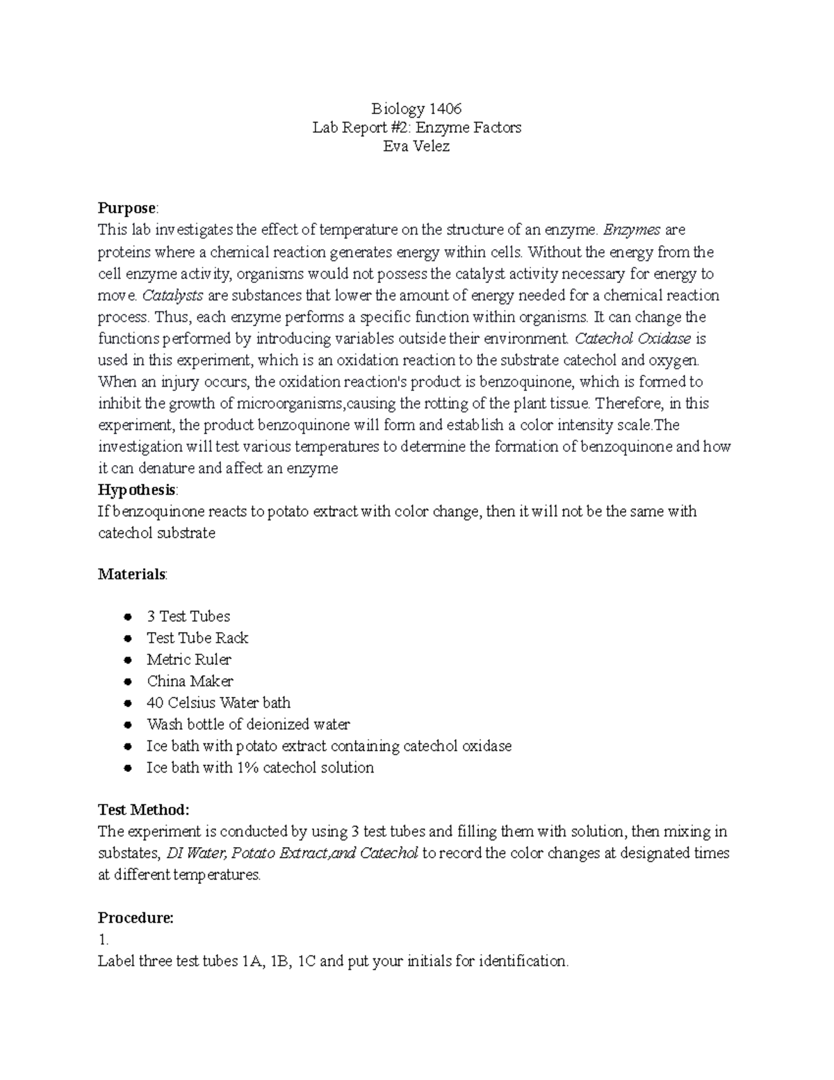 Lab Report 2 Photosynthesis Biology 1406 Lab Report 2 Enzyme