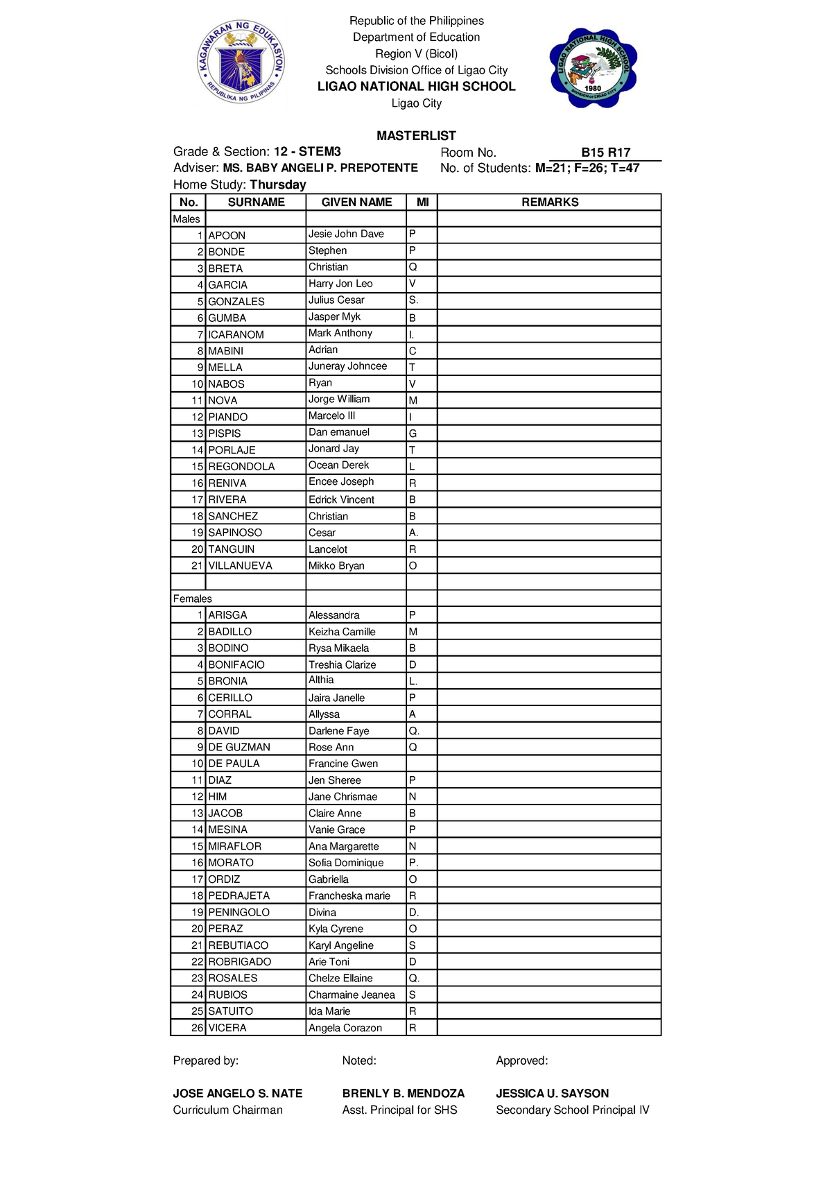 12-STEM3 - stem - Grade & Section: 12 - STEM3 Room No. Adviser: MS ...