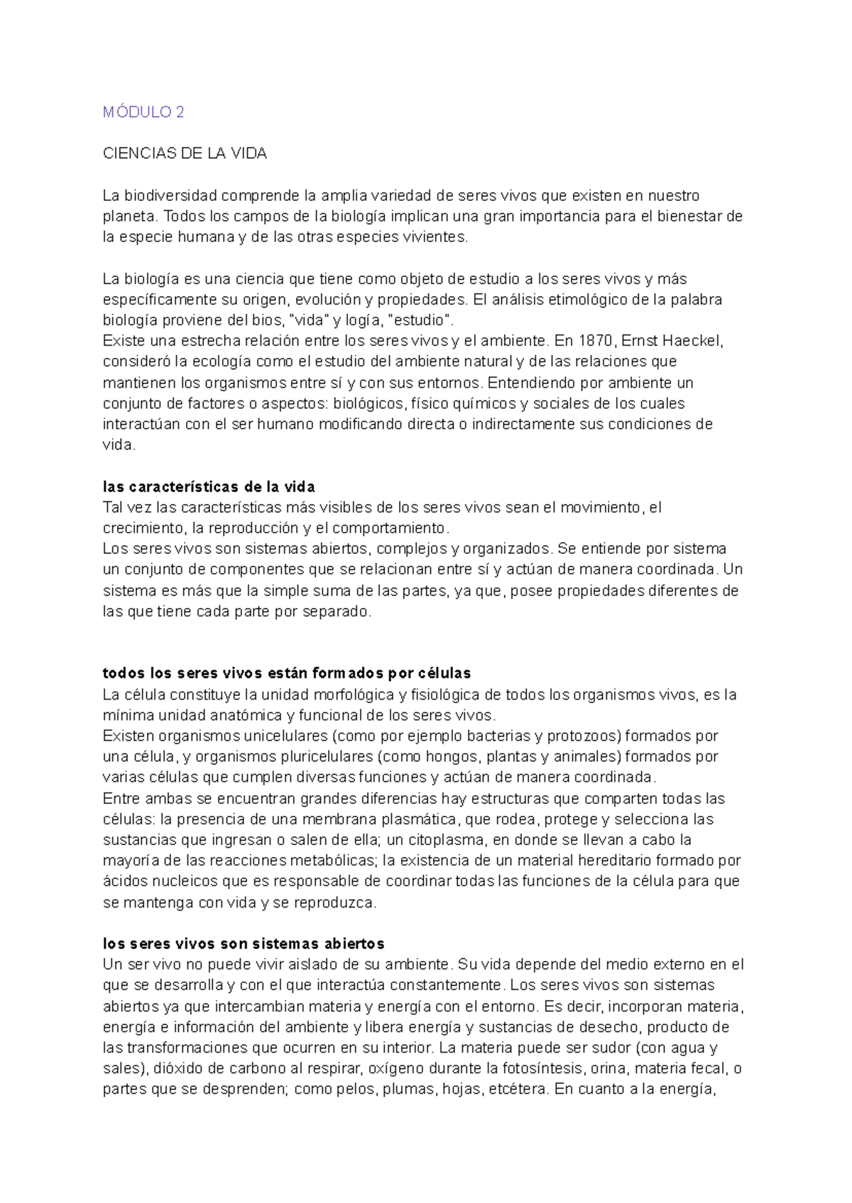 Módulo 2 biociencias - Resumen Biociencia - MÓDULO 2 CIENCIAS DE LA ...