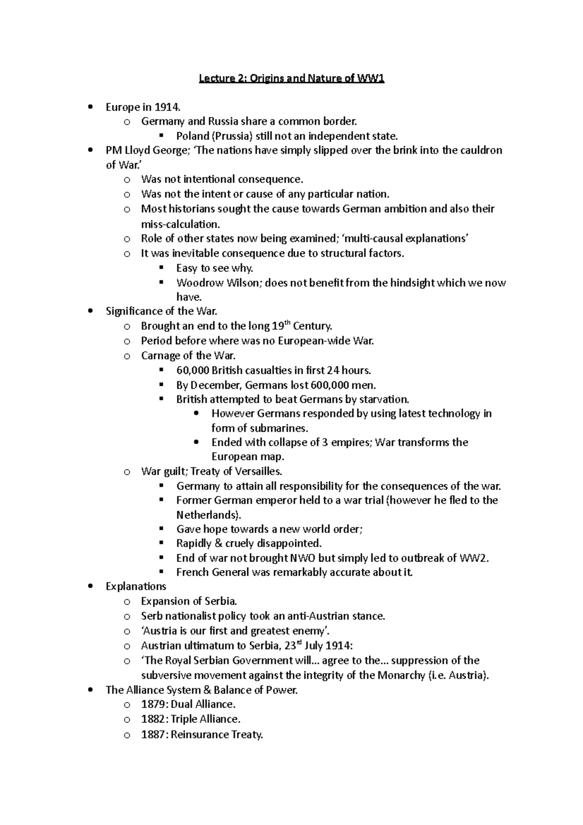 L2-Causes of WW1 - Lecture notes 2 - Lecture 2: Origins and Nature of ...