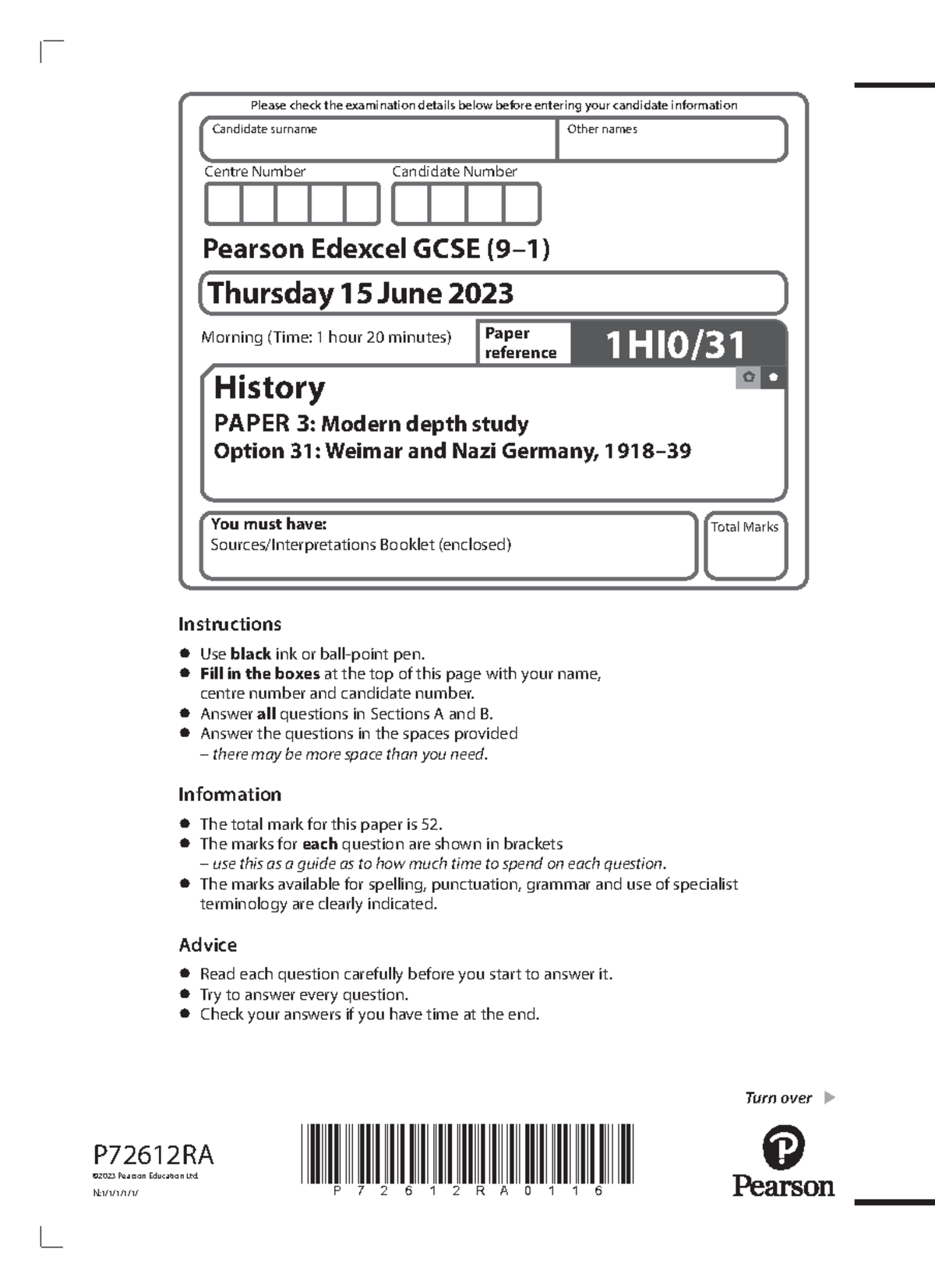 Edexcel Paper 3 Nazi Germany 2023 - P72612RA0116 Turn over Please check ...