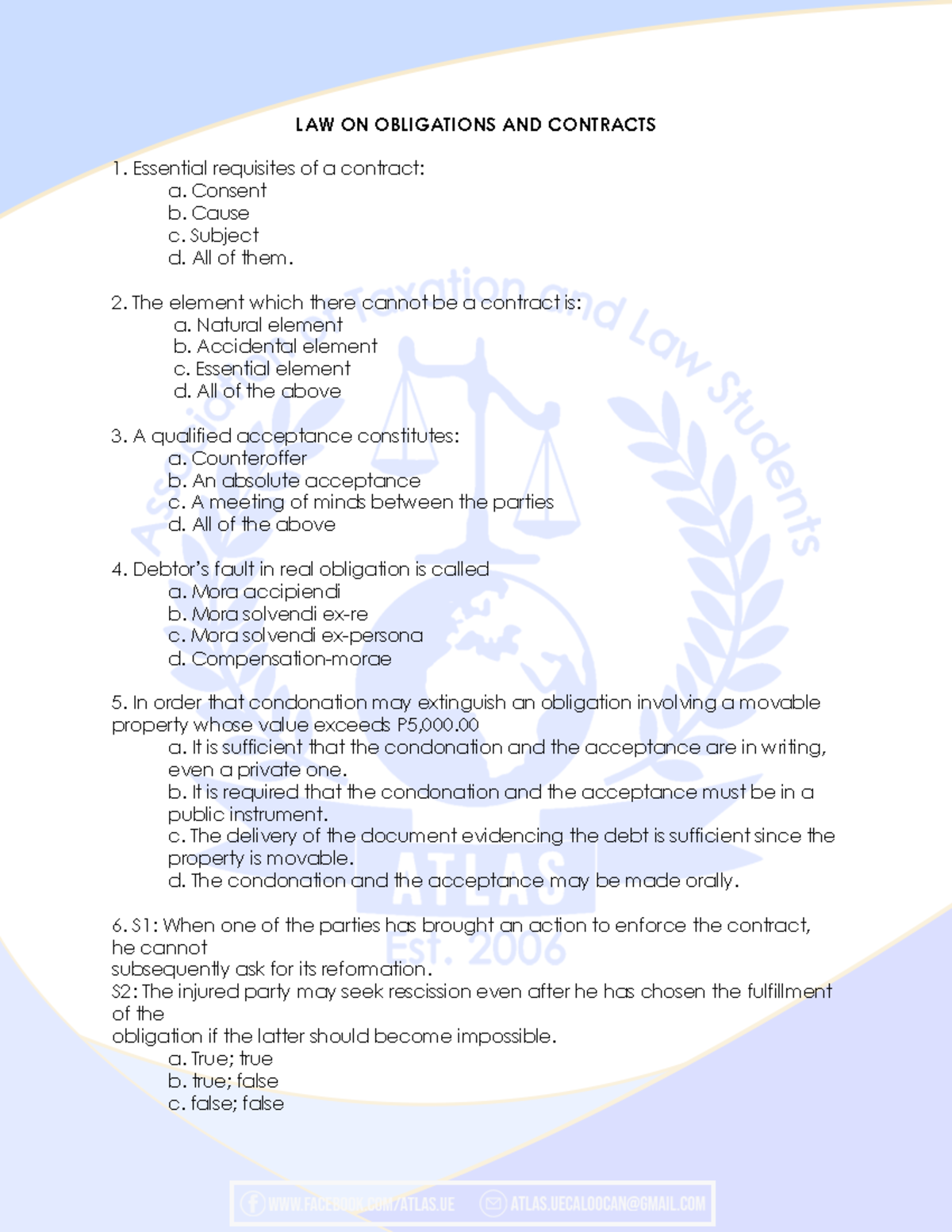 Oblicon Finals Questionnaire Reviewer - LAW ON OBLIGATIONS AND ...