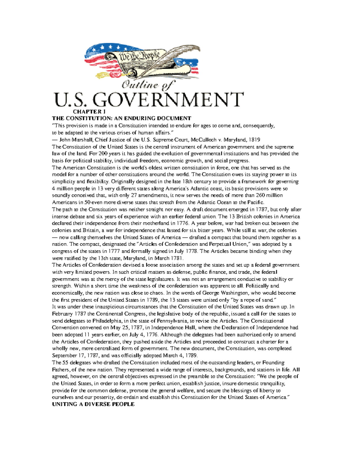 United States Gov CHAPTER 1 THE CONSTITUTION AN ENDURING DOCUMENT
