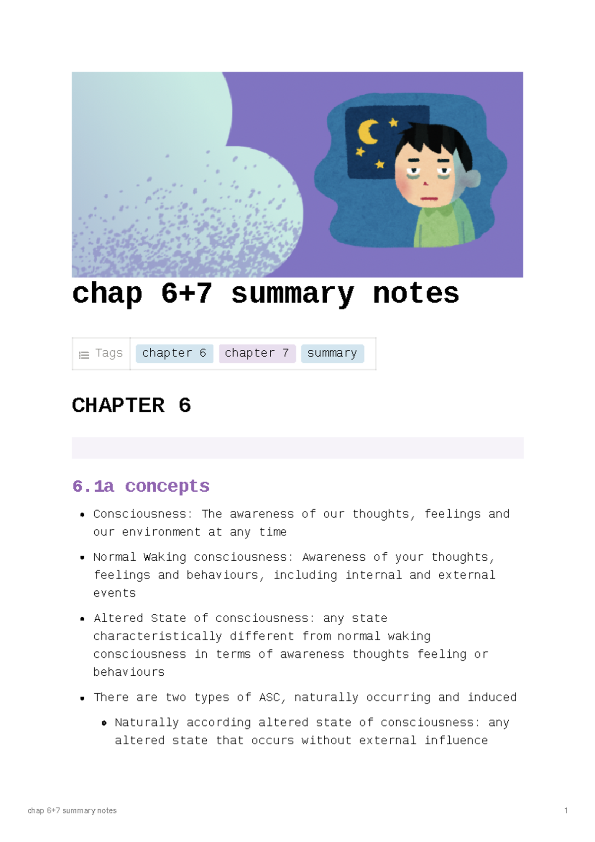 Unit 4 AOS1 sleep summary notes - chap 6+7 summary notes Tags chapter 6 ...