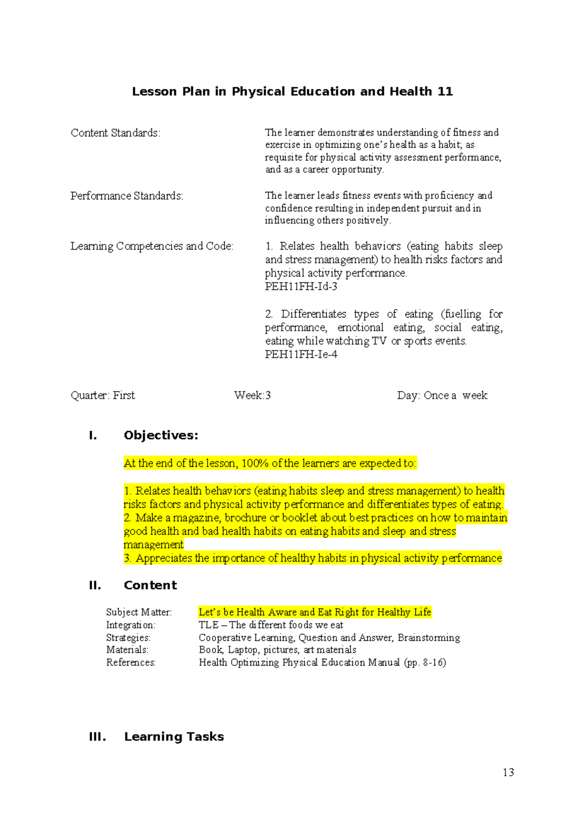 DLP-Final-Habits Eating Week-3 - Lesson Plan in Physical Education and ...