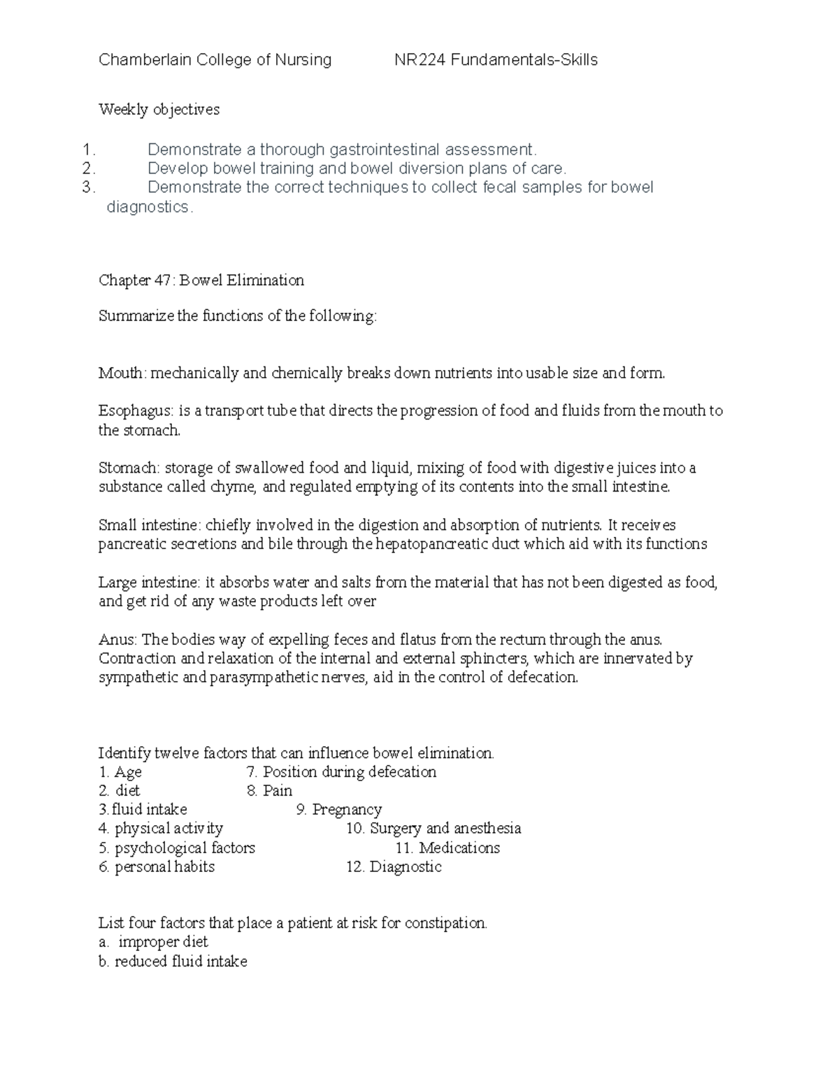 Pre-class Questions for Week 7 - Chamberlain College of Nursing NR224 ...