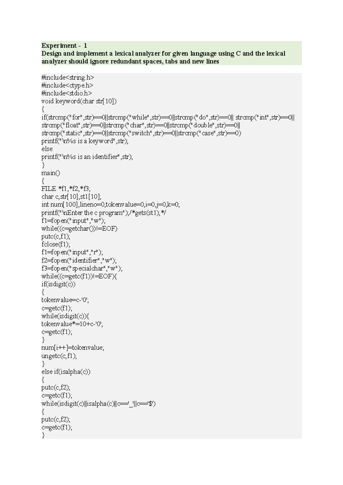 Experiment Cd Experiment 1 Design And Implement A Lexical Analyzer For Given Language Using