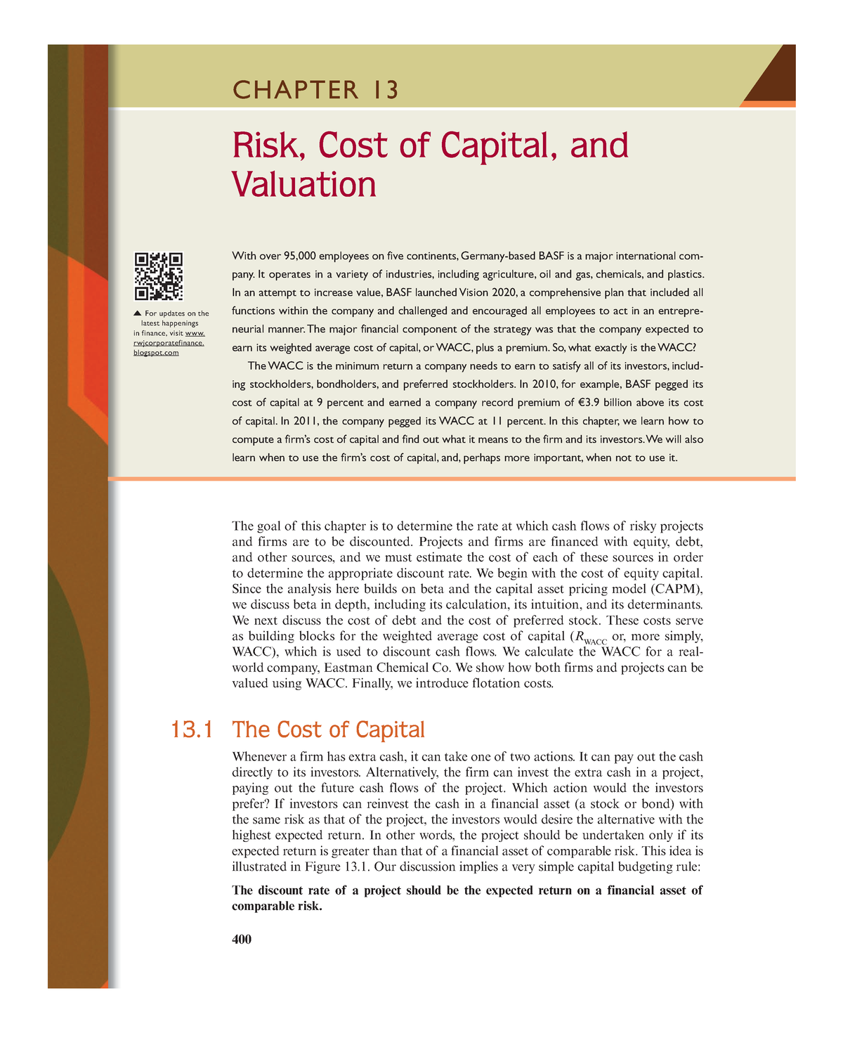 Chap 13 - Srsh - 400 CHAPTER 13 Risk, Cost Of Capital, And Valuation ...