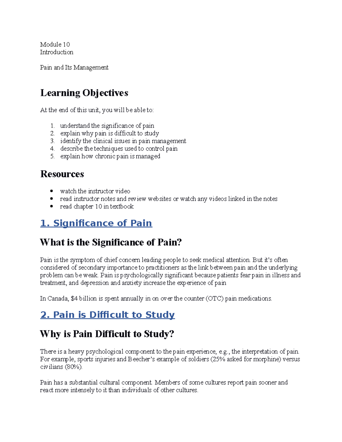Health psyc Module 8 - n/a - Module 10 Introduction Pain and Its ...