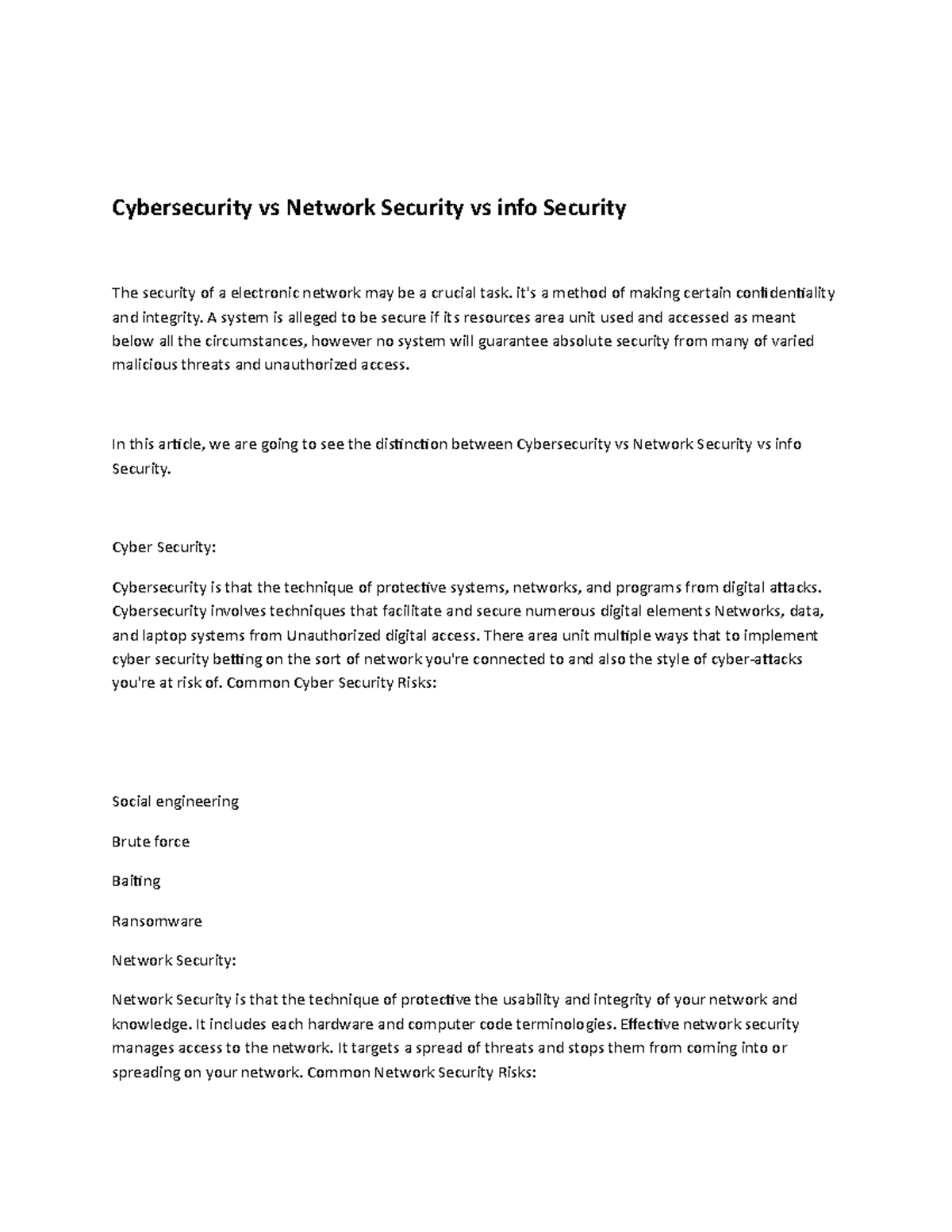 Cybersecurity vs Network Security vs info Security it's a method of