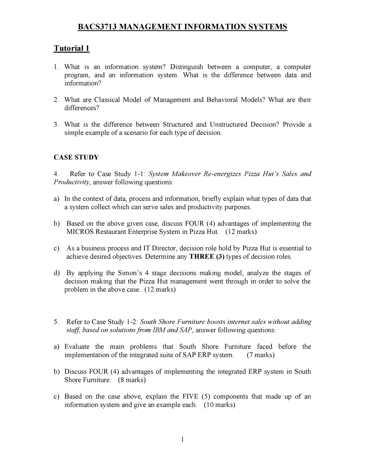 Bacs3713 Mis Tutorial 1 New - Tutorial 1 What Is An Information System 