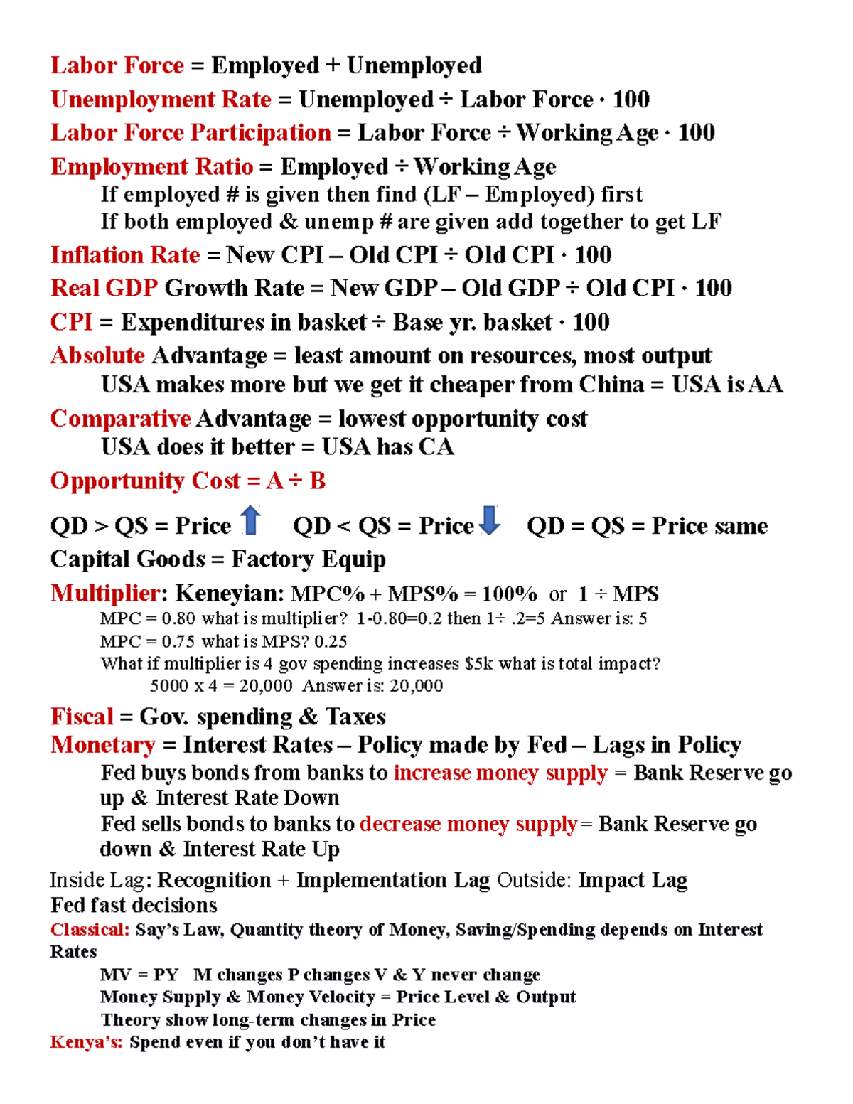 Macor Formulas - Must Know - Labor Force = Employed + Unemployed ...