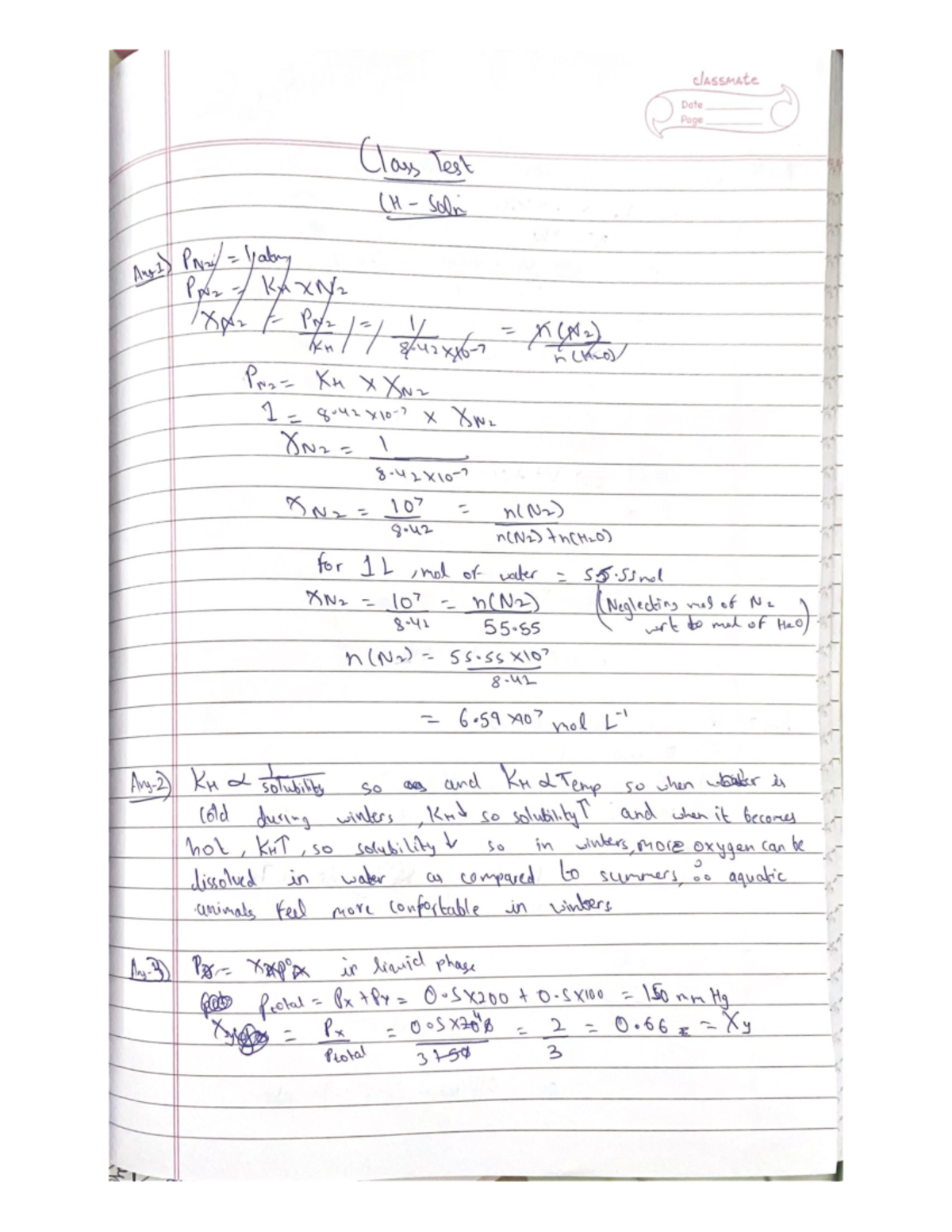 Test Solutions chem ch 1 - classmate Date Page Class Test (H Soln Ant1 ...