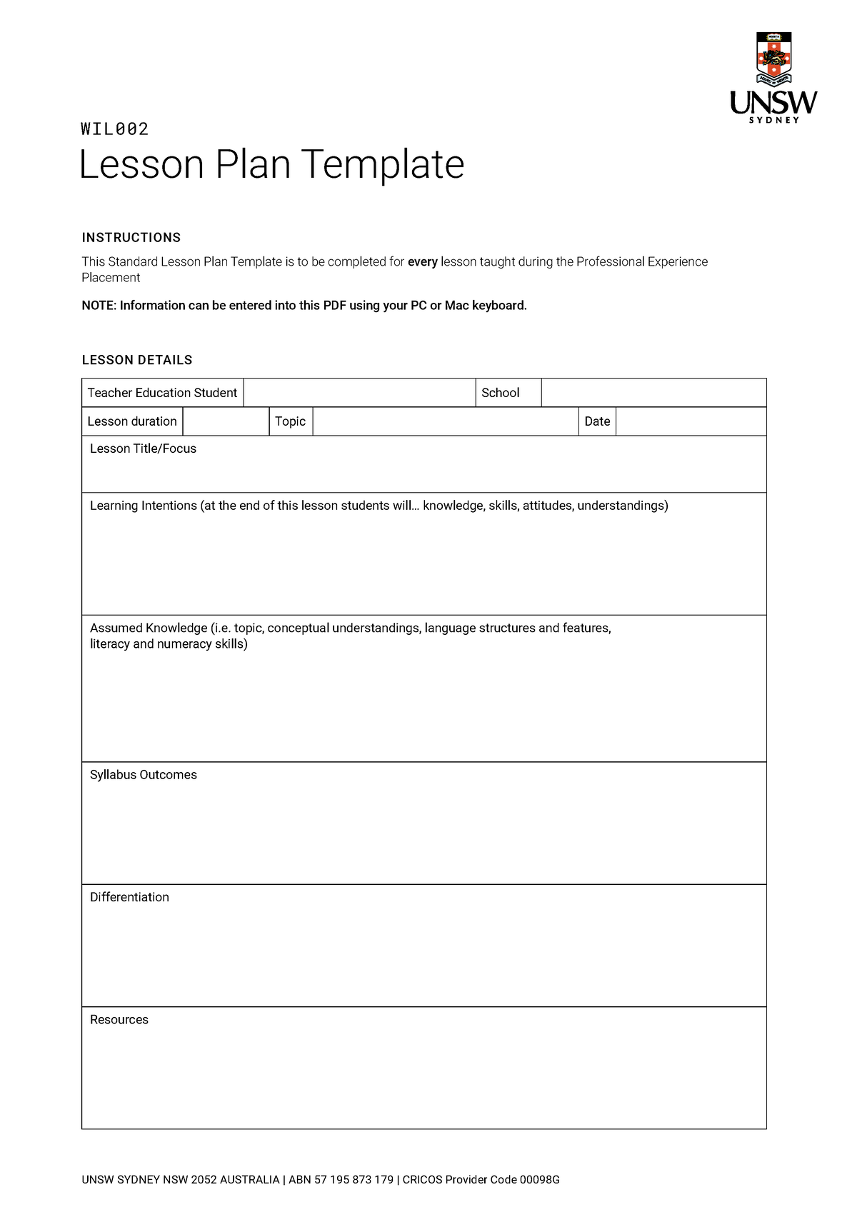 WIL002 Lesson Plan Template 0 - Lesson Plan TemplateWIL INSTRUCTIONS ...