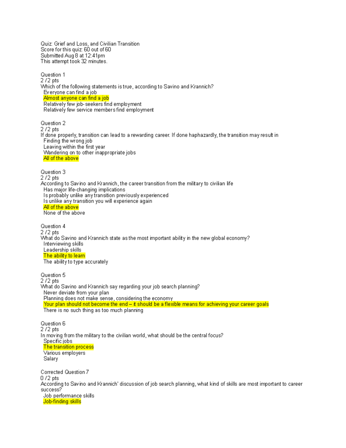 Quiz 3 - Quiz 3 - Quiz: Grief and Loss, and Civilian Transition Score ...