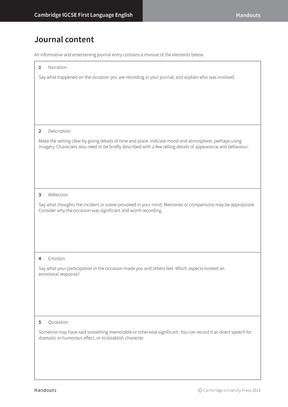 Handout Journal Content - Cambridge Igcse First Language English 