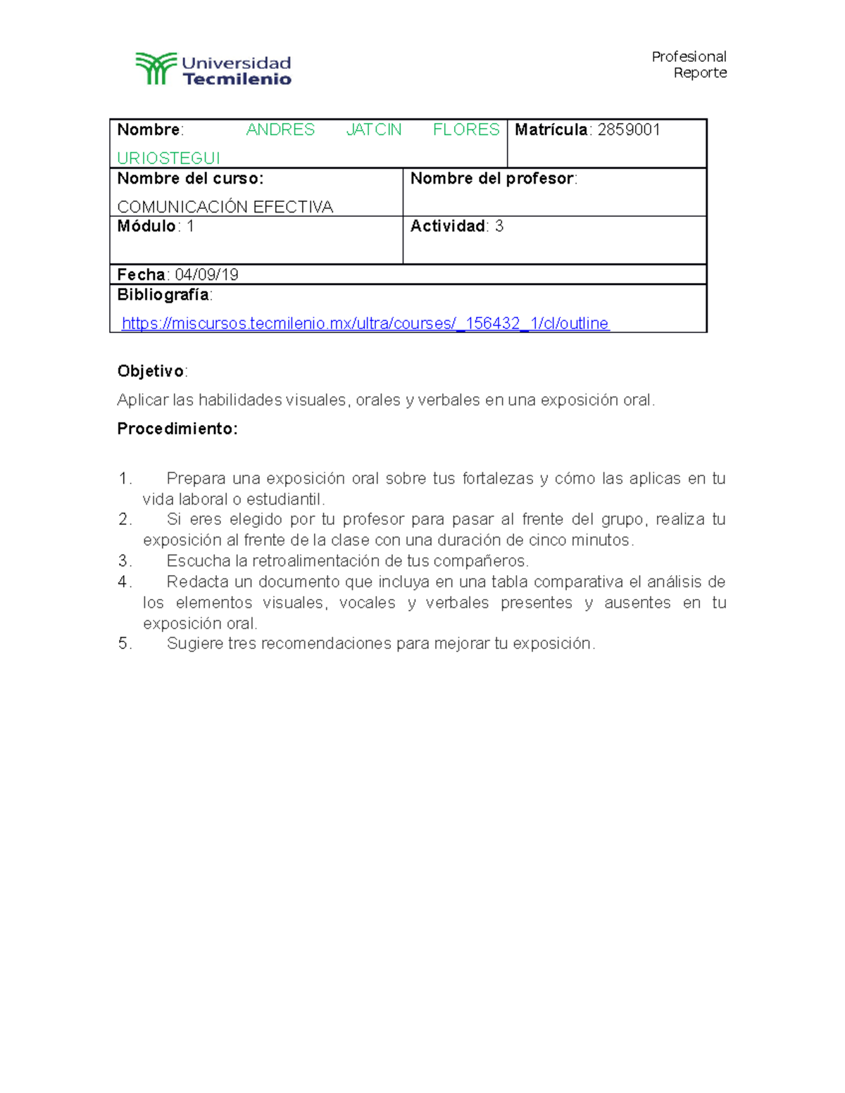 Actividad 3 comunicacion efectiva - Profesional Reporte Nombre : ANDRES ...