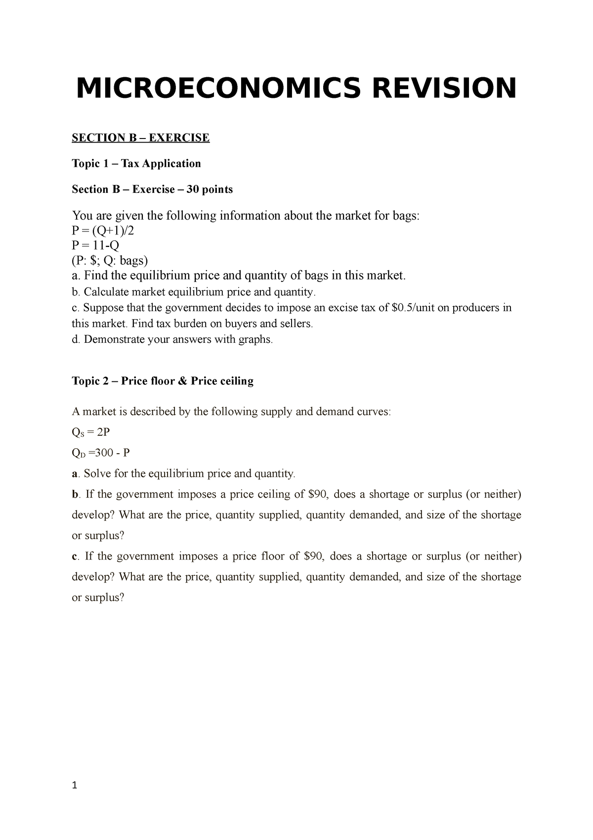 Microeconomics- Revision - MICROECONOMICS REVISION SECTION B – EXERCISE ...