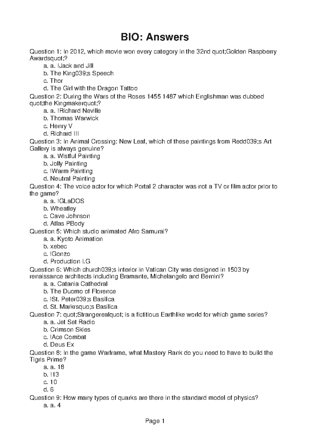 BIO184 Practice Problems 7 - BIO: Answers Question 1: In 2012, which ...