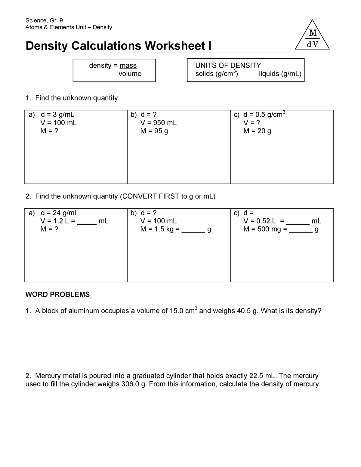 Density Worksheet - asdf - SNC22D - Science (Grade 22) - StuDocu Pertaining To Density Practice Problem Worksheet