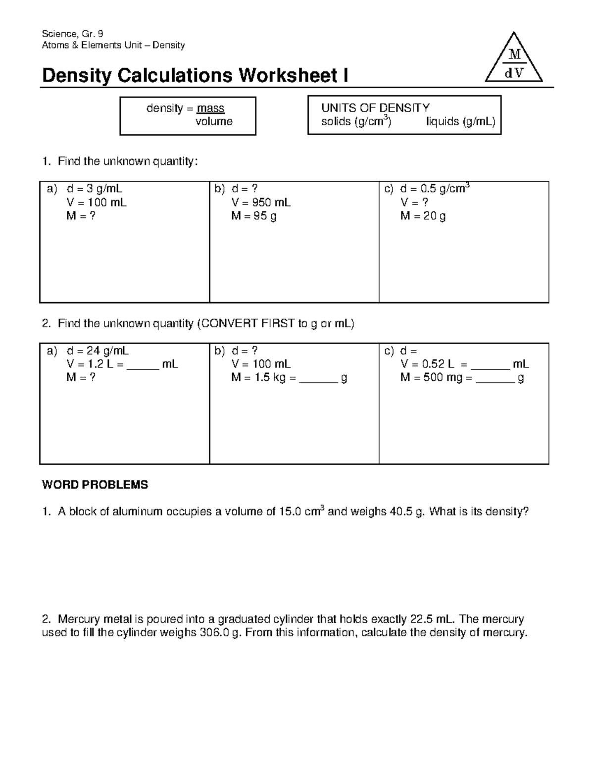 Density Practice Problem Worksheet Imsyaf