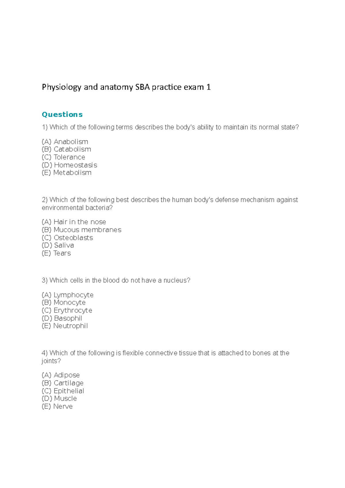 Practice exam 1 2017, questions and answers - Physiology and anatomy ...