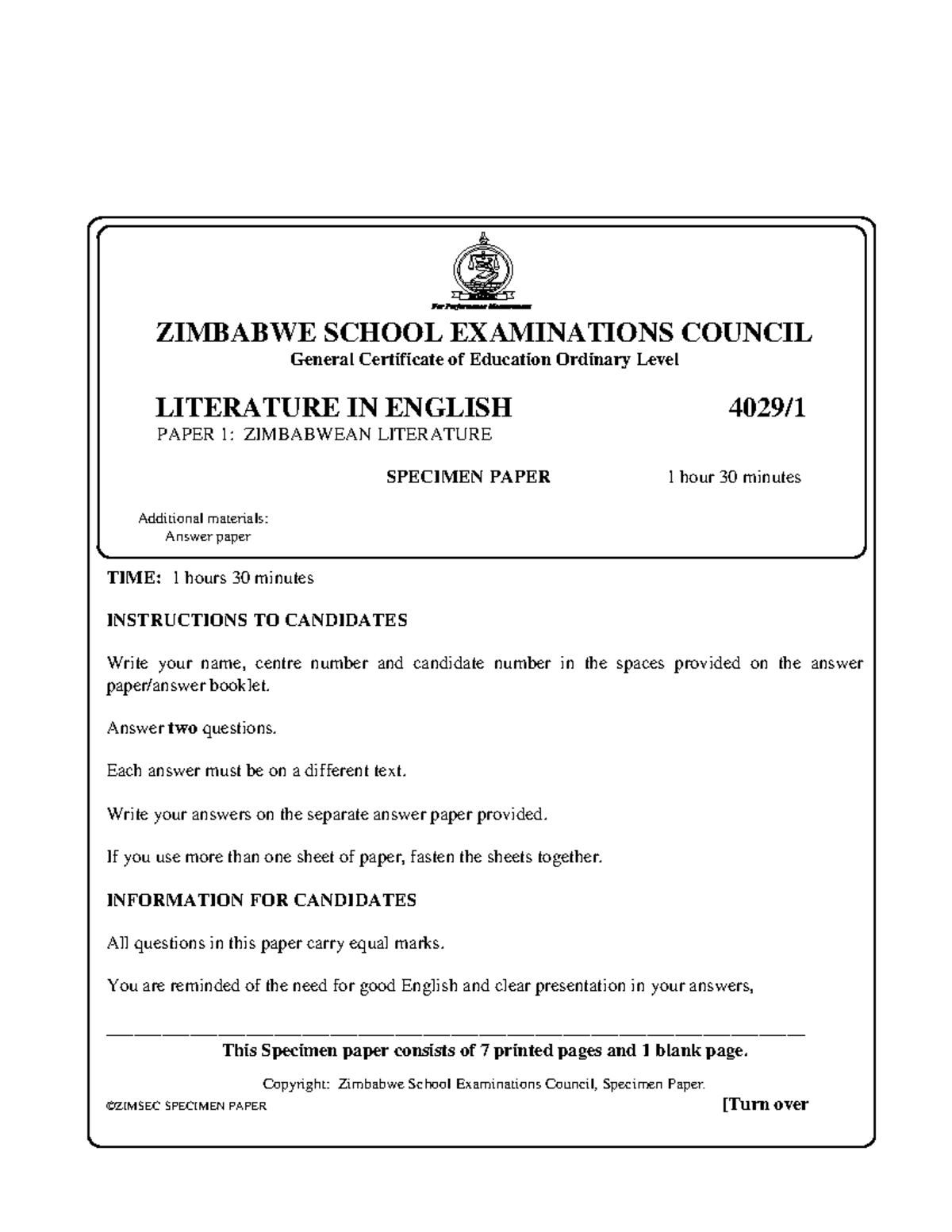 4029q1 Specimen - Lecture notes - ZIMBABWE SCHOOL EXAMINATIONS COUNCIL ...