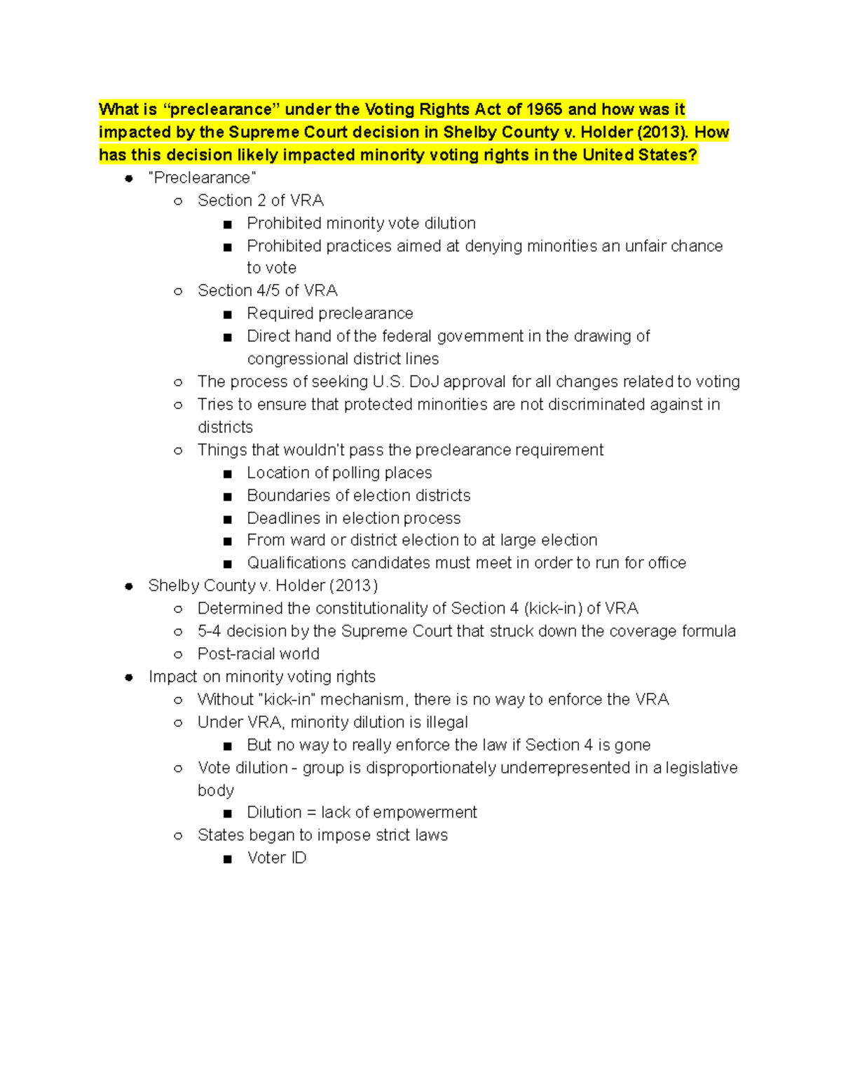 POL 176 Q 2 What is “preclearance” under the Voting Rights Actof