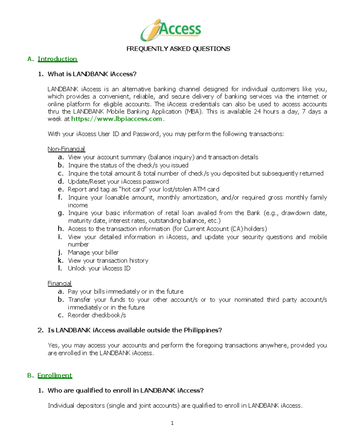 I Access FAQs Nov 2022 A. Introduction 1. What is LANDBANK iAccess