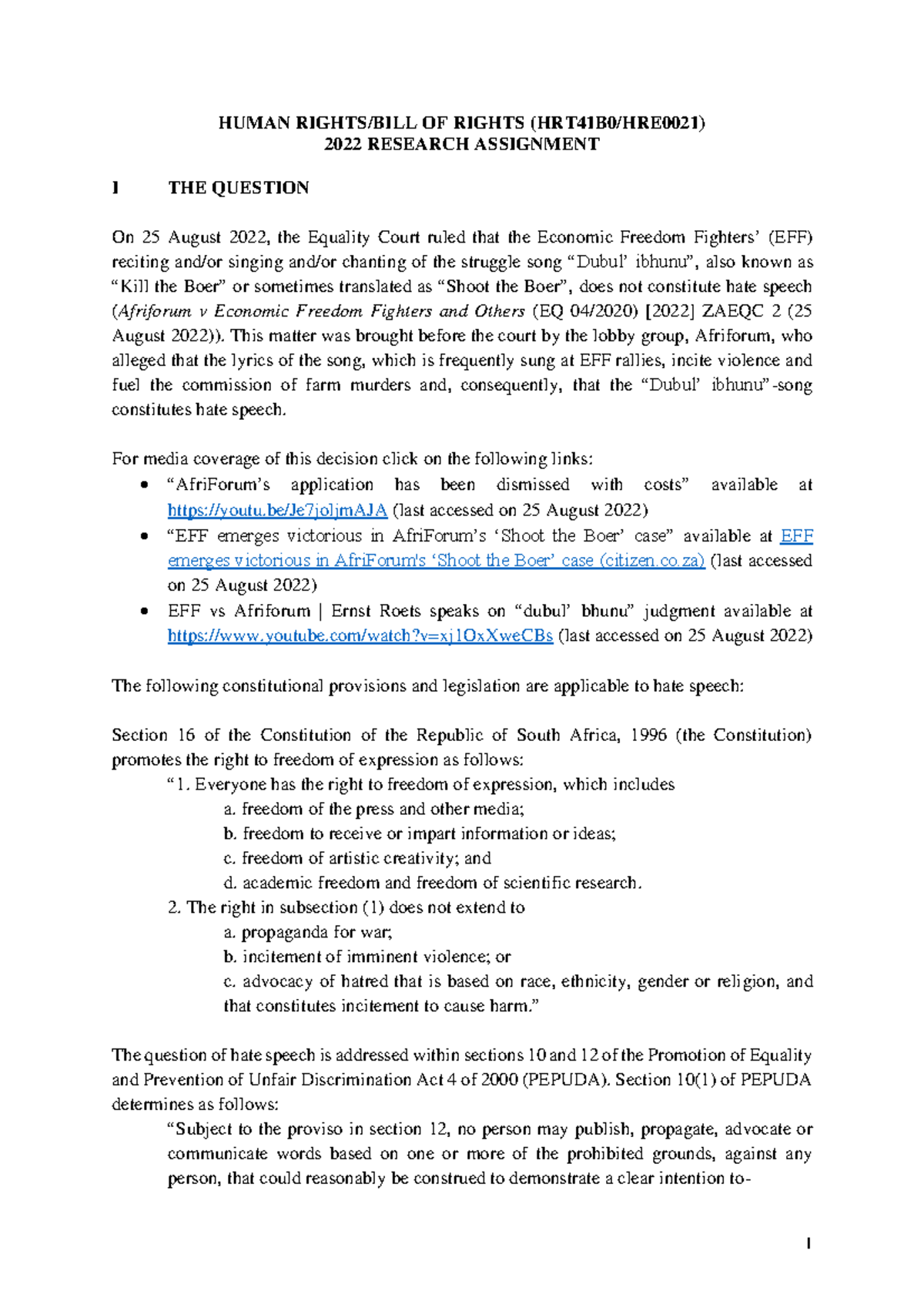 Human Rights Assignment 2022 - HUMAN RIGHTS/BILL OF RIGHTS (HRT41B0 ...
