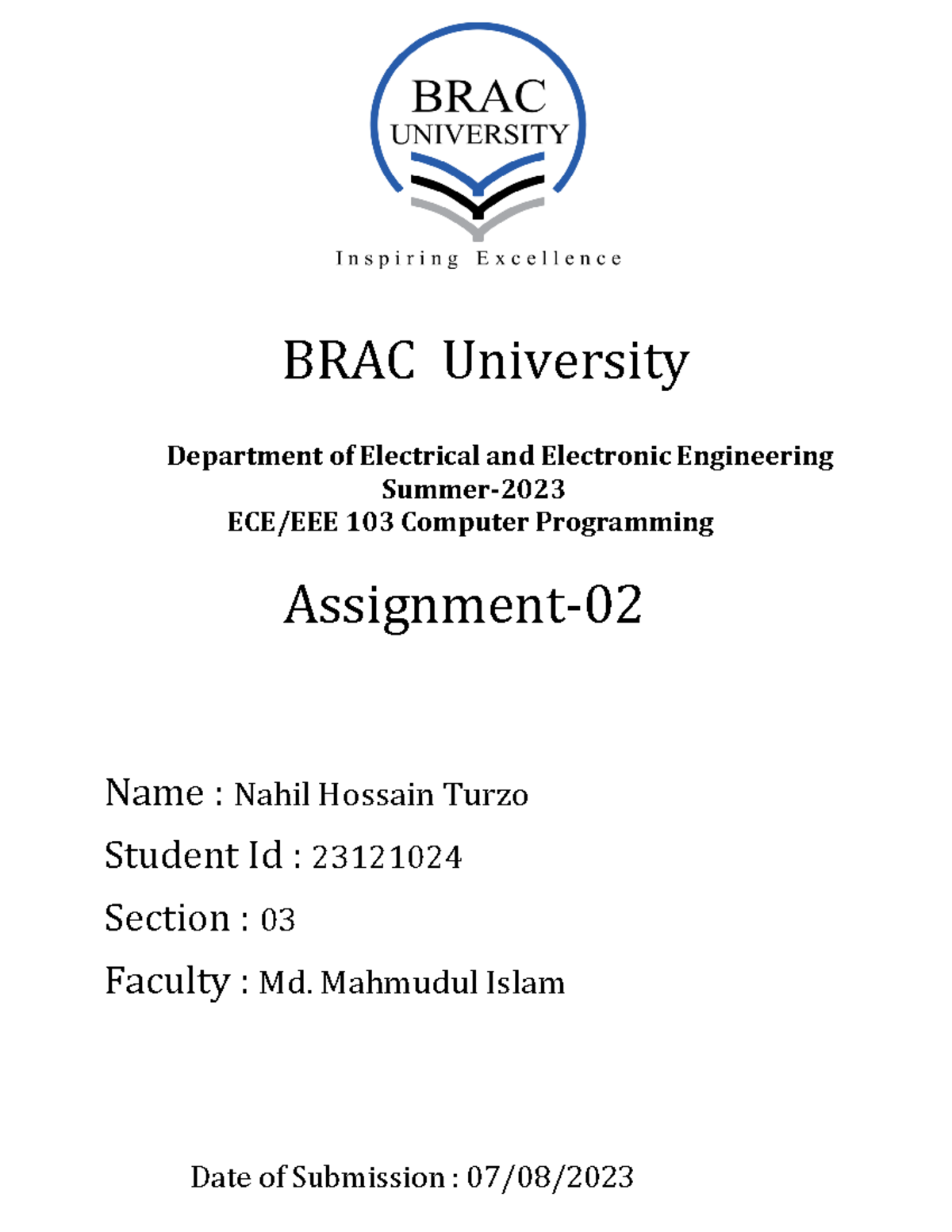 Assignment 02# - BRAC University Department of Electrical and ...