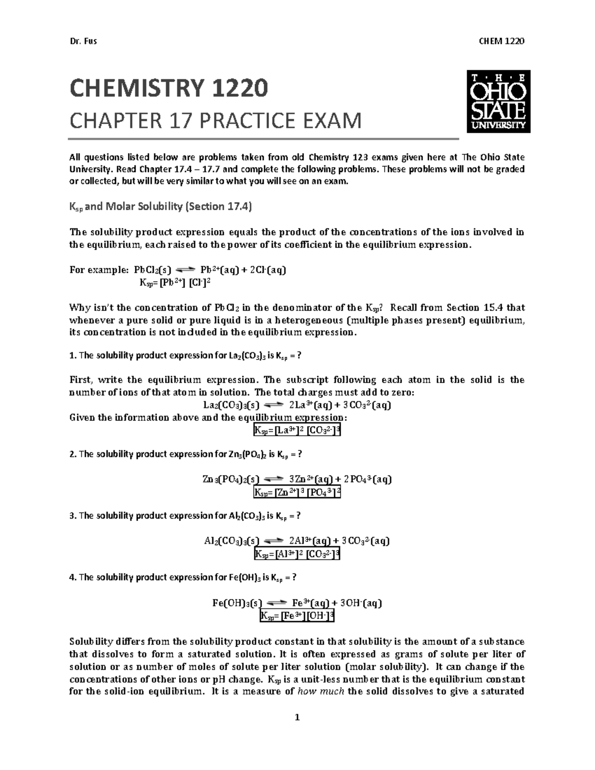 Ch-8 Ionic Activity - Homework - Dr. Fus CHEM 1220 CHEMISTRY 1220 ...