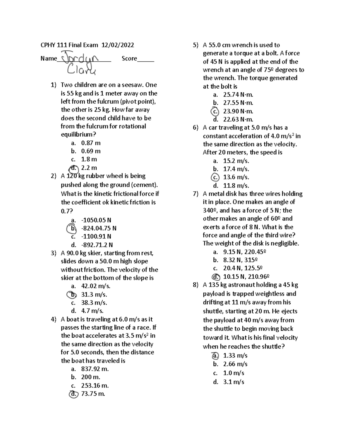 Unfinished physics final - CPHY 111 Final Exam 12/02/ Name ...