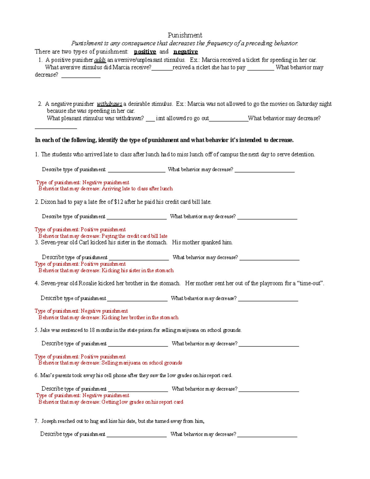 Copy of Punishment worksheet - Punishment Punishment is any consequence ...