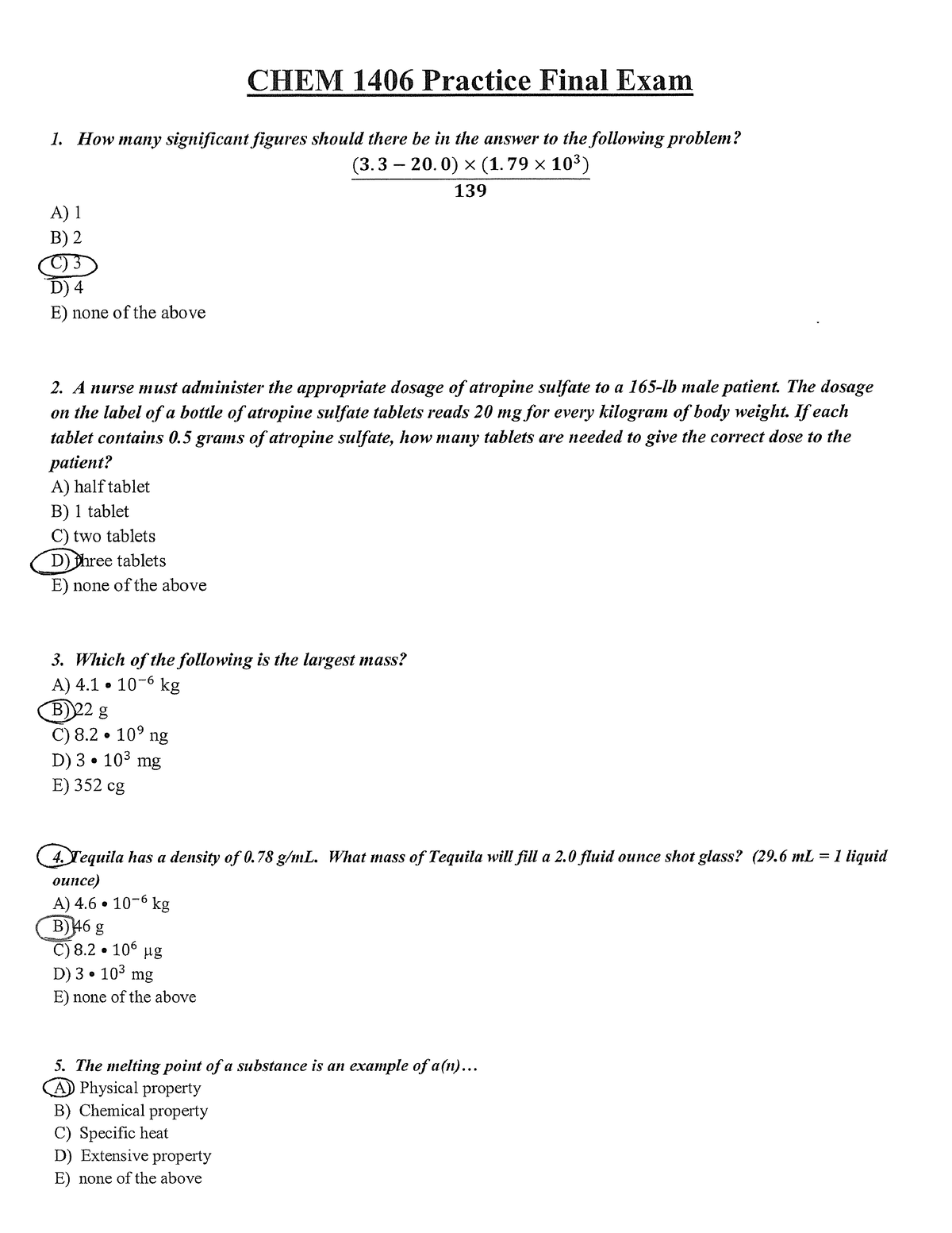 1406 Practice Final Answer Key - CHEM 1407 - Studocu