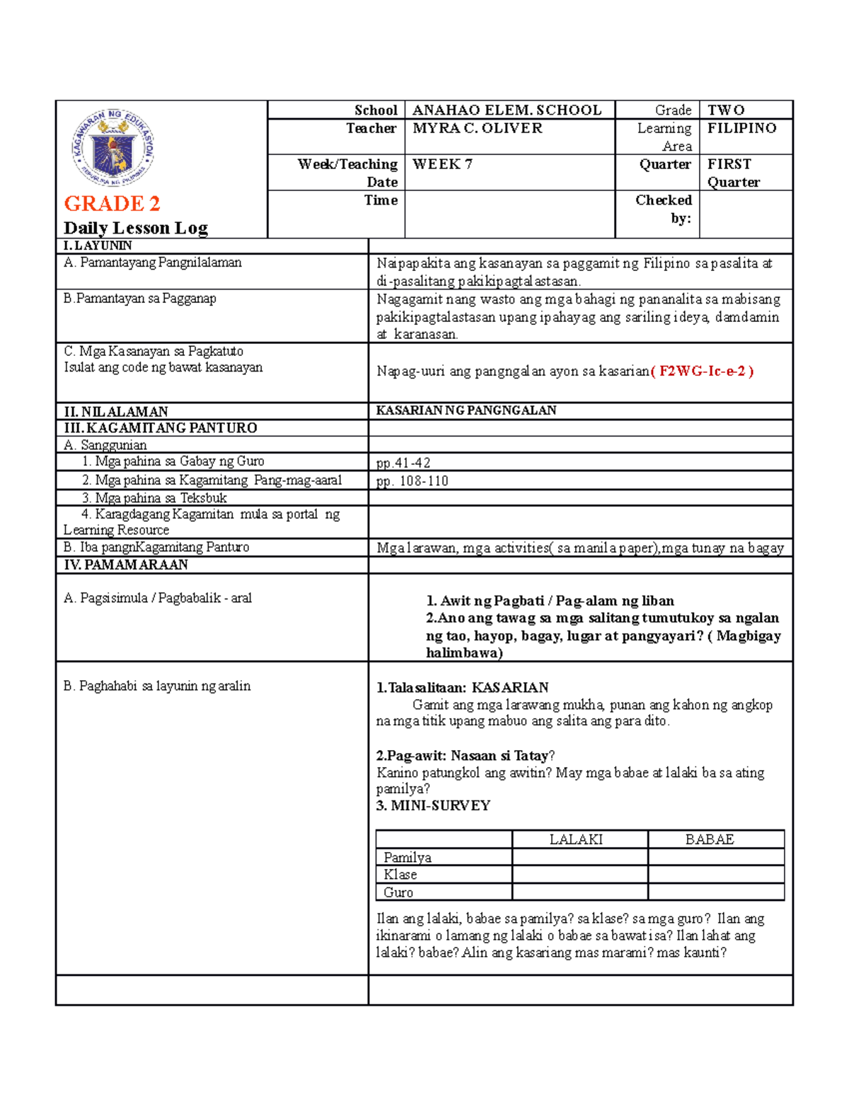 Modified Dll Filipino 2 Copy Grade 2 Daily Lesson Log School Anahao Elem School Grade Two 6114