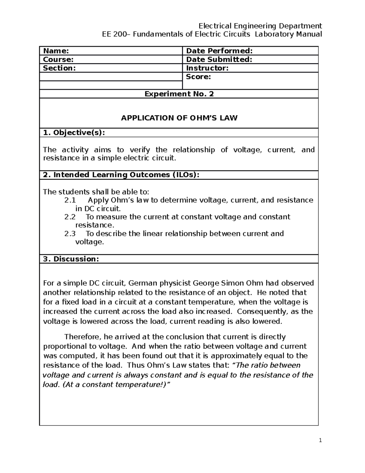 Experiment No. 2 N/A EE 200 Fundamentals of Electric Circuits